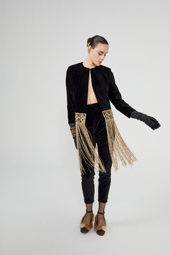 Saco Aguaribay Terciopelo con Aplique Puntilla y Flecos Hilo Macramé Antiguo - HahnMade