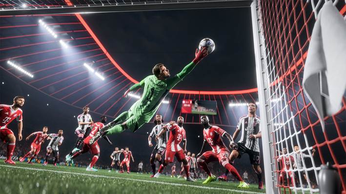 Versión en el juego. Manuel Neuer está saltando hacia la derecha para salvar un gol mientras otros jugadores lo presencian.