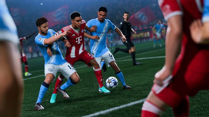 Representación en el juego de Jamal Musiala rodeado por otros jugadores de fútbol durante un partido en EA SPORTS FC™ 26.