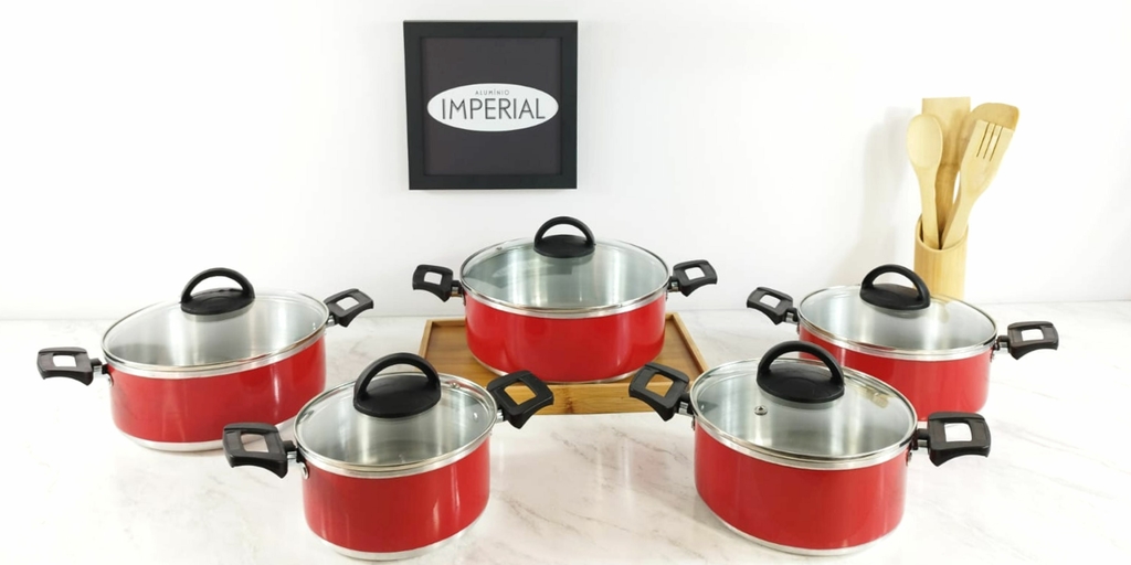 Conjunto 5 Panelas Alumínio Tampa Vidro Linha Cozinha Chicky Cor Vermelho  (Caçarolas Luxo, Panela Nova na Sua Cozinha)