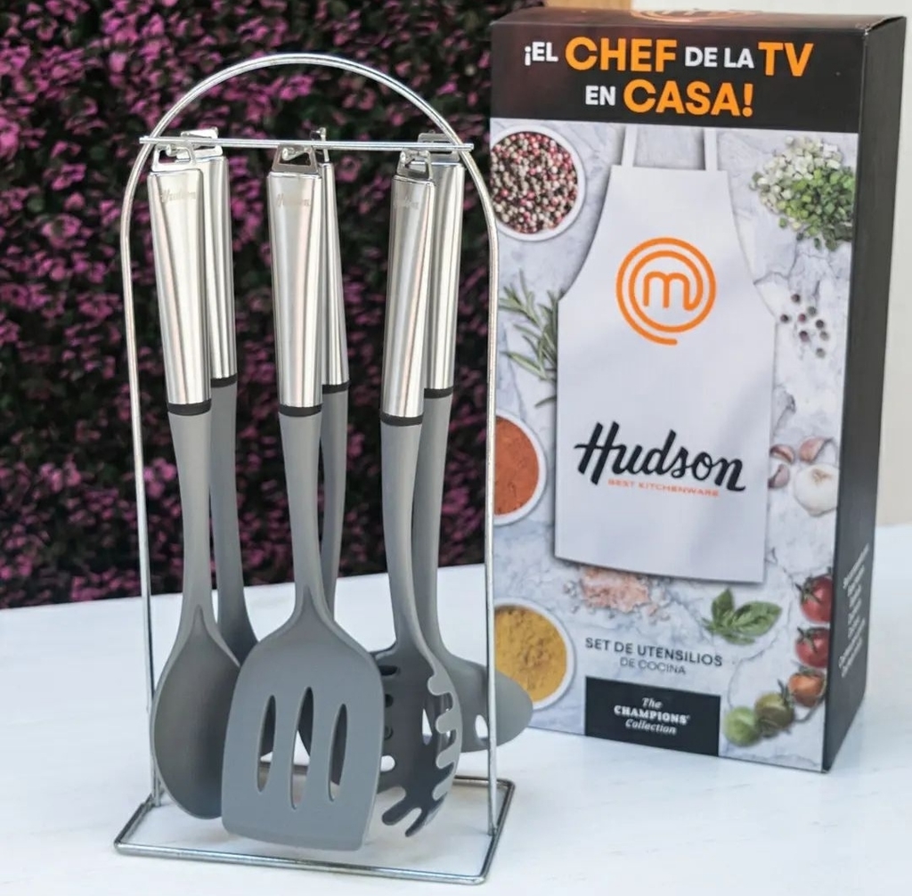 SET DE UTENSILIOS PARA COCINA - DE NYLON COLOR GRIS CON SOPORTE - MANGO DE  ACERO INOX. - LÍNEA HUDSON - Abanico Bazar