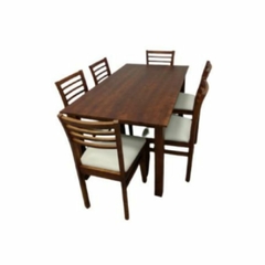 juego set comedor de pino amplio de 160x90cm para seis personas color castaño crudo con sillas castaño crudo asientos tapizados en eco cuero negro anti manchas