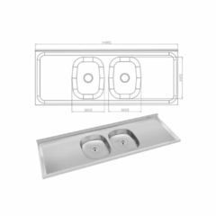 Bacha acero inoxidable de 140cm de ancho con 2 piletas al medio y superficies laterales antideslizantes