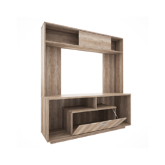 rack tv melamina para living, idela para espacios grandes en color marron claro con espacios de decoracion