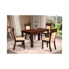 juego comedor MDF de 135x75cm color marron oscuro 4 sillas de MDF con asientos y respaldar de tela en color beige