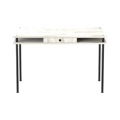 Escritorio elegante ideal para oficina o dormitorio Un cajón con correderas telescopicas de hierro. Construido con melamina de 18mm estructura de hierro reforzado de 30mm de diametro.  Dimensiones: 74cm x 116cm x 55cm color alaska con caños en negro
