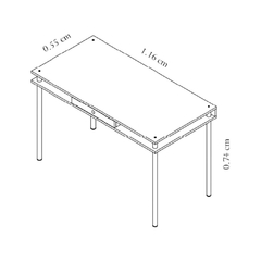 Escritorio elegante ideal para oficina o dormitorio Un cajón con correderas telescopicas de hierro. Construido con melamina de 18mm, super resistente. Patas de hierro reforzado de 30mm de diametro.  Dimensiones: 74cm x 116cm x 55cm