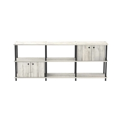 Rack TV 192cm con puertas construido en melamina y hierro color Alaska con caños en negro