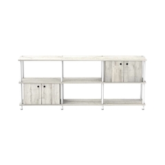 Rack TV 192cm con puertas construido en melamina y hierro color Alaska con caños en blanco