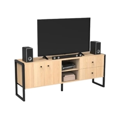 Rack TV industrial 161cm con 2 cajones y 2 puertas estructura de hierro negro mate 1,2 mm color roble natural