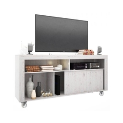 Rack Tv Boston con Ruedas, en color Enigam/Blanco, con 1 puerta corrediza para facilitar la organizacion