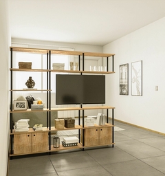 Biblioteca Rack con soporte giratorio de 360º para el televisor copnstruido en melamina 18mm y hierro