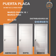 Puerta Placa Americana / Monica / Sofia en MDF 5,5mm p/pintar 0,80 CH18 o Pino Finger