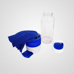 Botella PVC cristal con toalla de microfibra y apoya cel.