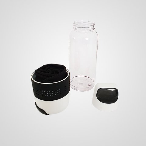 Botella PVC cristal con toalla de microfibra y apoya cel.