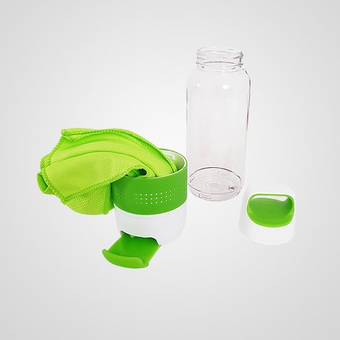 Botella PVC cristal con toalla de microfibra y apoya cel.