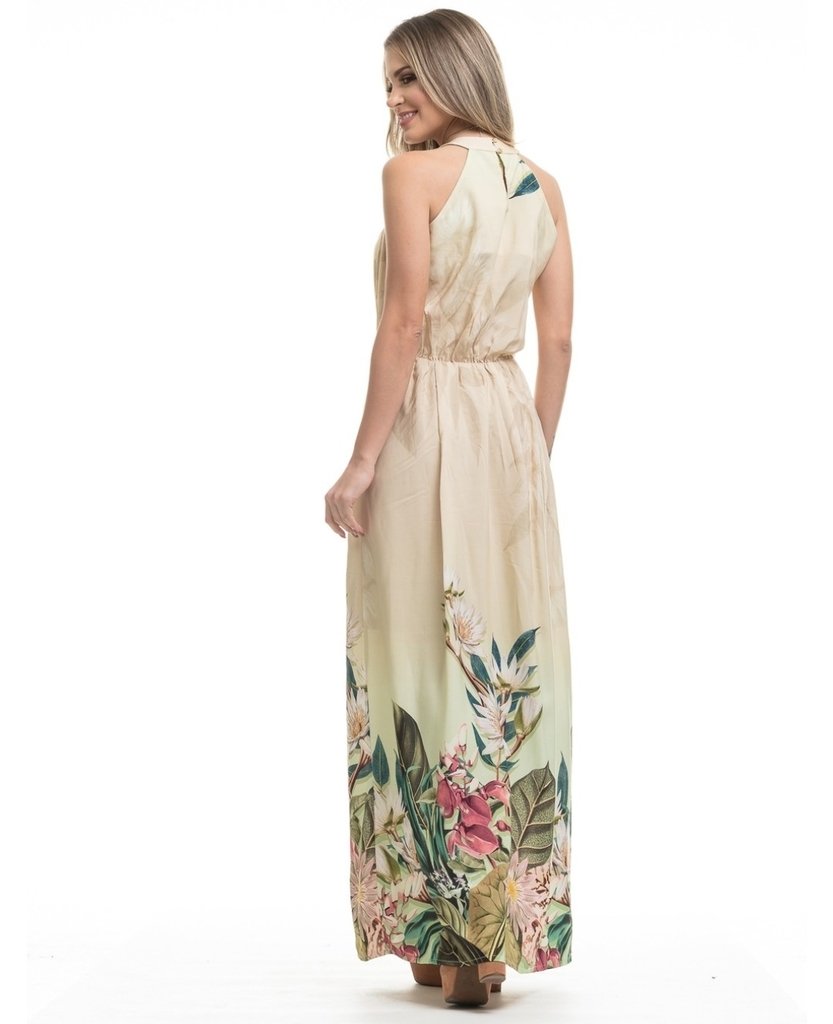 VESTIDO LONGO DRAPEADO NO BUSTO, COM ELASTICO NA CINTURA E ESTAMPA FLORAL NA BARRADA. VESTIDO LONGO DRAPEADO NO BUSTO, COM ELASTICO NA CINTURA E ESTAMPA FLORAL NA BARRADA.