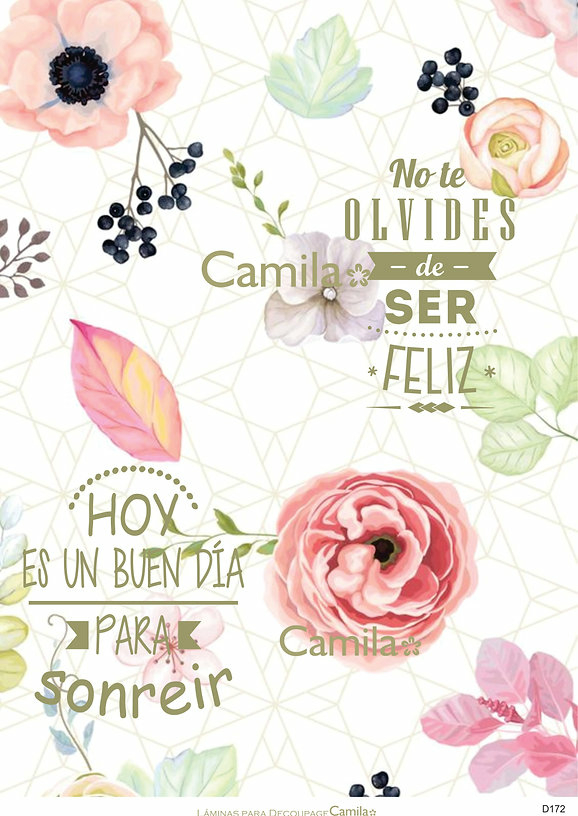 Lamina decoupage A4 - d172 - frases con flores