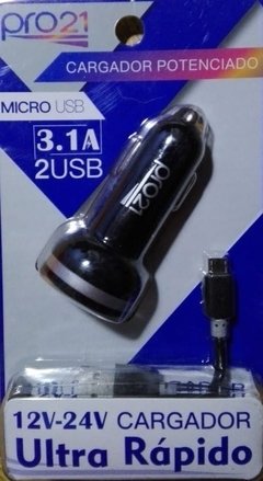 CARGADOR  POTENCIADO PARA AUTO ULTRA RAPIDO 3.1 AMP PRO21 2 USB + CABLE