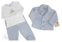 SET POLERA PANTALON Y CHAQUETA CELESTE JAQUARD