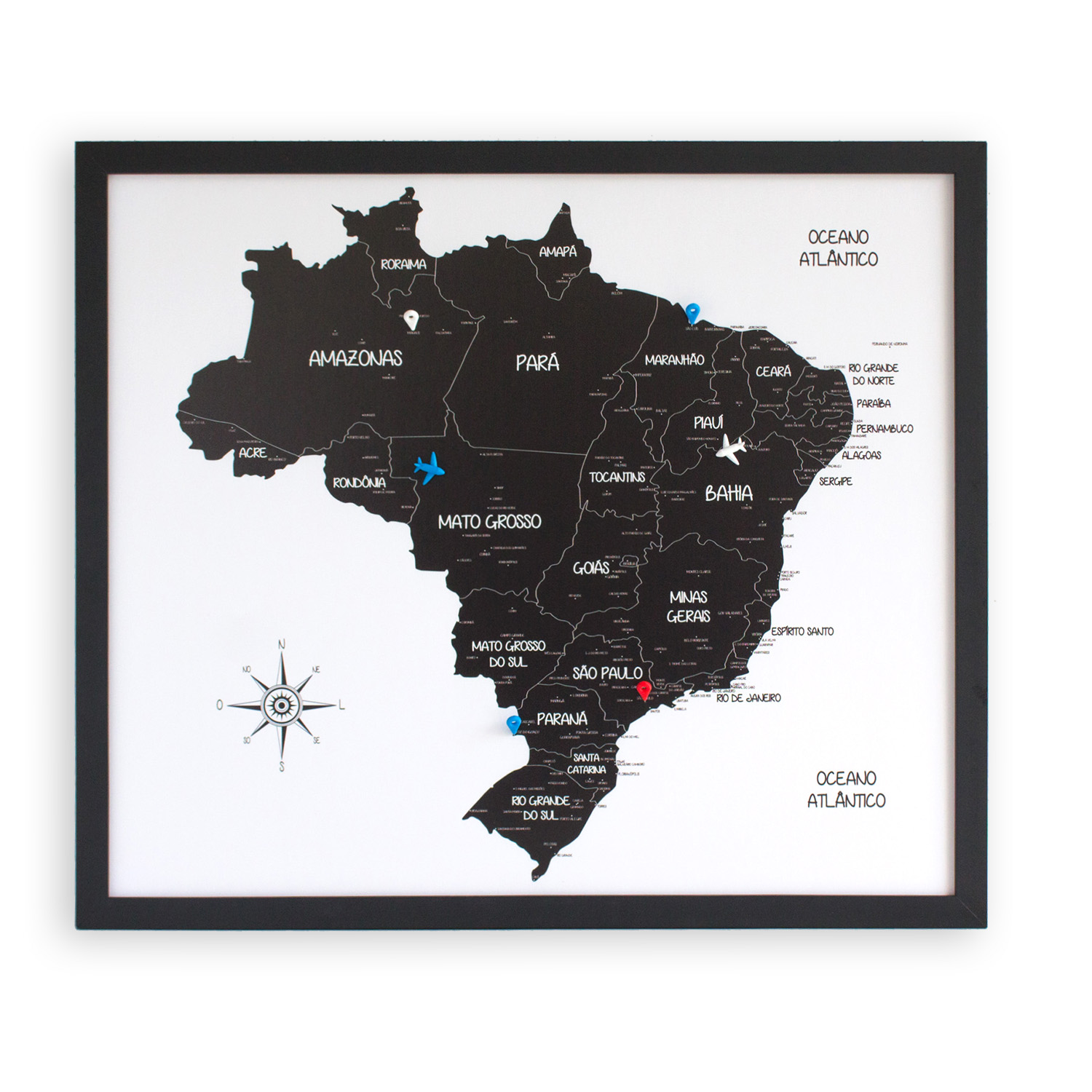 Quadro Mapa Brasil Preto para marcar viagens (60 x 52 cm) + 50 alfinetes de  brinde