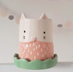 Maceta Gato salmón con plato verde