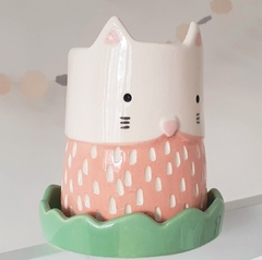 Maceta Gato salmón con plato verde - comprar online