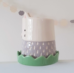 Maceta Gato lila con plato verde - comprar online