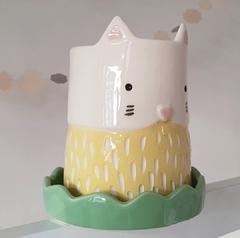 Maceta Gato amarillo con plato verde - comprar online