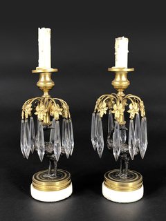 Candeleros época Regency en bronce y mármol con caireles