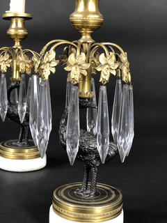 Candeleros época Regency en bronce y mármol con caireles