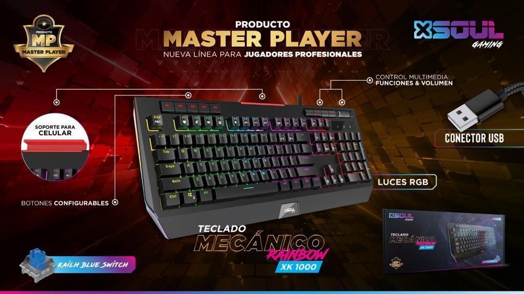 TECLADO GAMER MECANICO RGB SOUL RAINBOW XK1000 LINEA MASTER PLAYER  PROFESIONAL