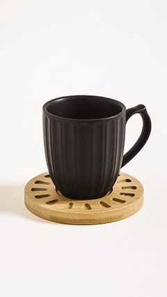 TAZA INDIVIDUAL NEGRA CON PLATO DE BAMBÚ - comprar online