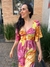 Vestido midi estampado com lastex babado e mangas flare. - comprar online