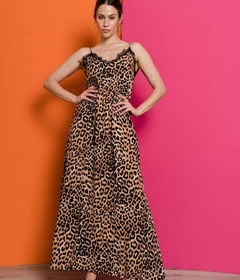 Vestido largo animal con encaje en el cuello