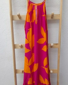 Vestido estampado largo fuxia y naranj