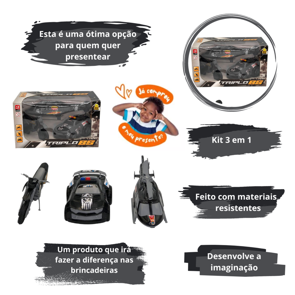 Kit Infantil Carrinho Moto Helicóptero Triplo BS