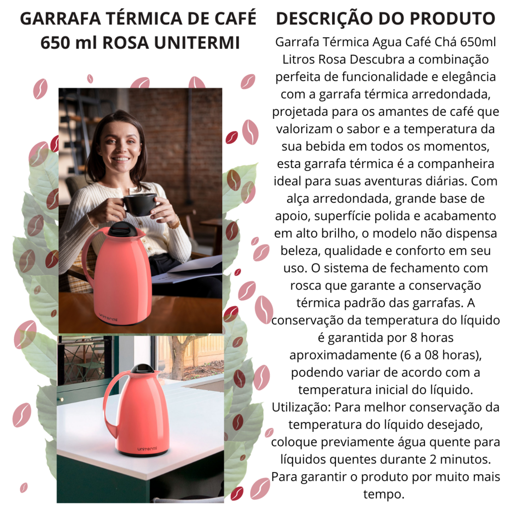 Garrafa Térmica Café Florença 650ml Rosa Unitermi