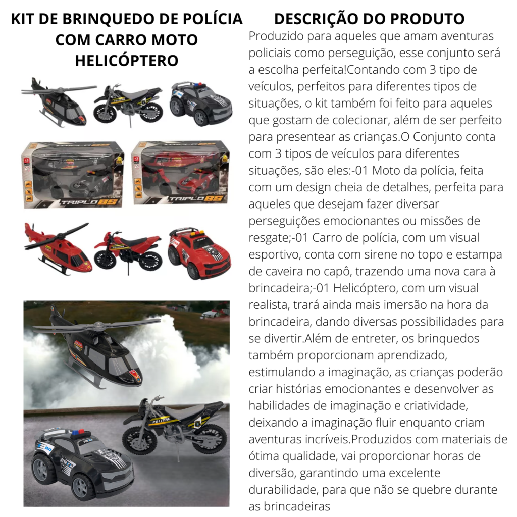 Kit Infantil Carrinho Moto Helicóptero Triplo BS