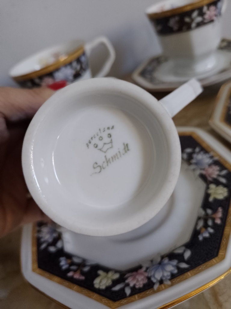 antigo jogo de 6 xícaras de chá e pires porcelana schmidt
