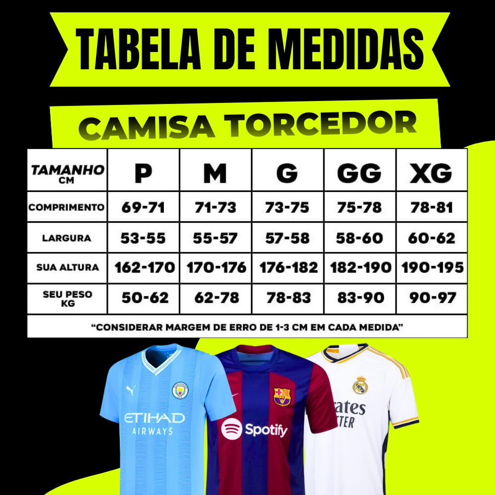 Tabela de medidas camisas de time