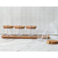 Set de 4 especieros/recipientes de acrilico c/ tapa y base de madera