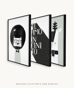 Conjunto com 3 Quadros Decorativos - Leão P&B + Te Amo Infinito + Cervo P&B - Estúdio Manolo