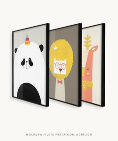 Conjunto com 3 Quadros Decorativos - Panda + Leão Color + Cervo Color - Estúdio Manolo