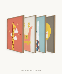Conjunto com 4 Quadros Decorativos - Girafa Fundo Rosa + Cervo Color + Coelho Xadrez Color + Leão Color - Estúdio Manolo