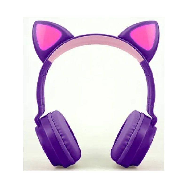 Fone de ouvido roxo com olhelha de gato