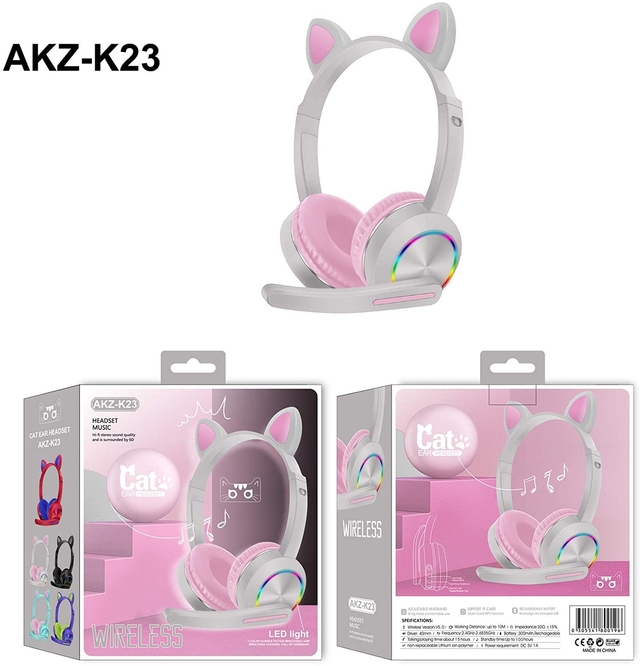 Headset Fone Bluetooth sem Fio Orelha de Gato Luminoso com Microfone