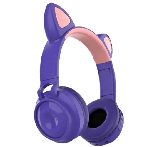 Fone de ouvido roxo com olhelha de gato