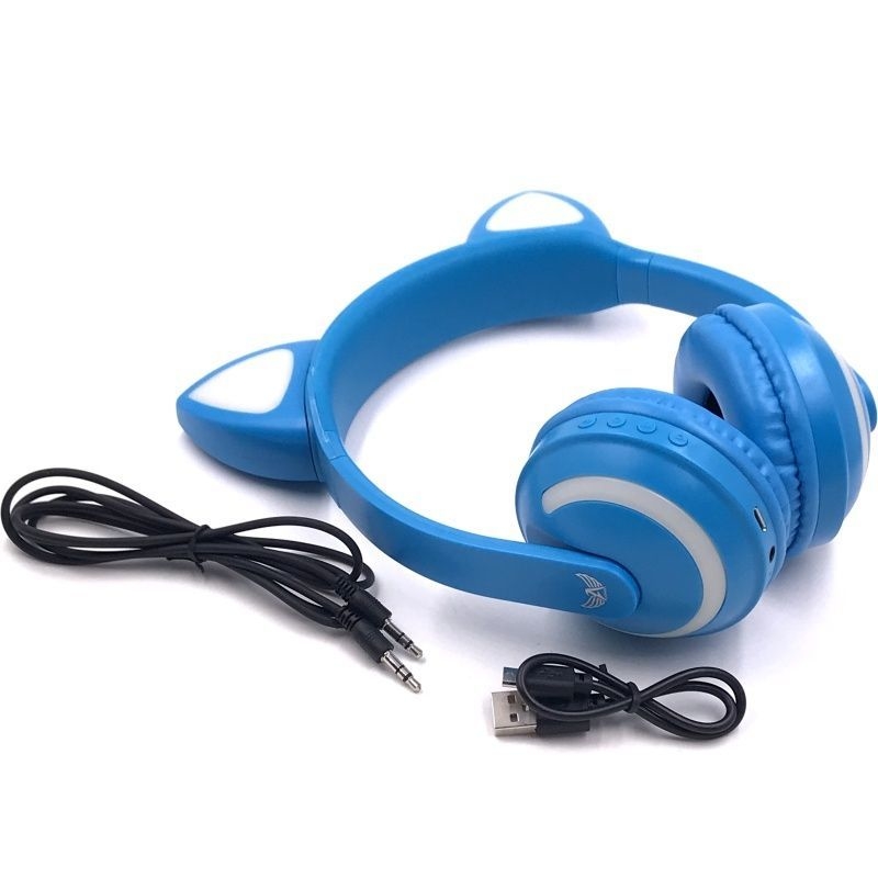 Fone De Ouvido Orelha Gato Led 7 Cor Bluetooth Headset Azul