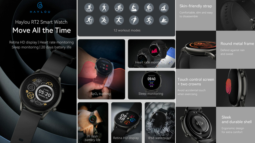 HAYLOU RT2 Smartwatch, 1,32 tela sensível ao toque para homens e